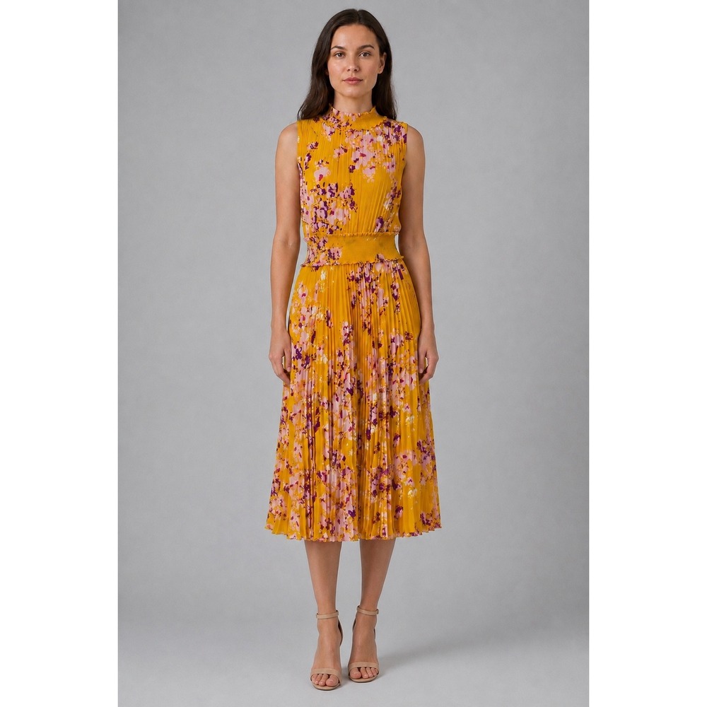 Nanette Lepore Floral Pleated Midi Dress Womens 6 Yellow Smocked Preppy Cocktail